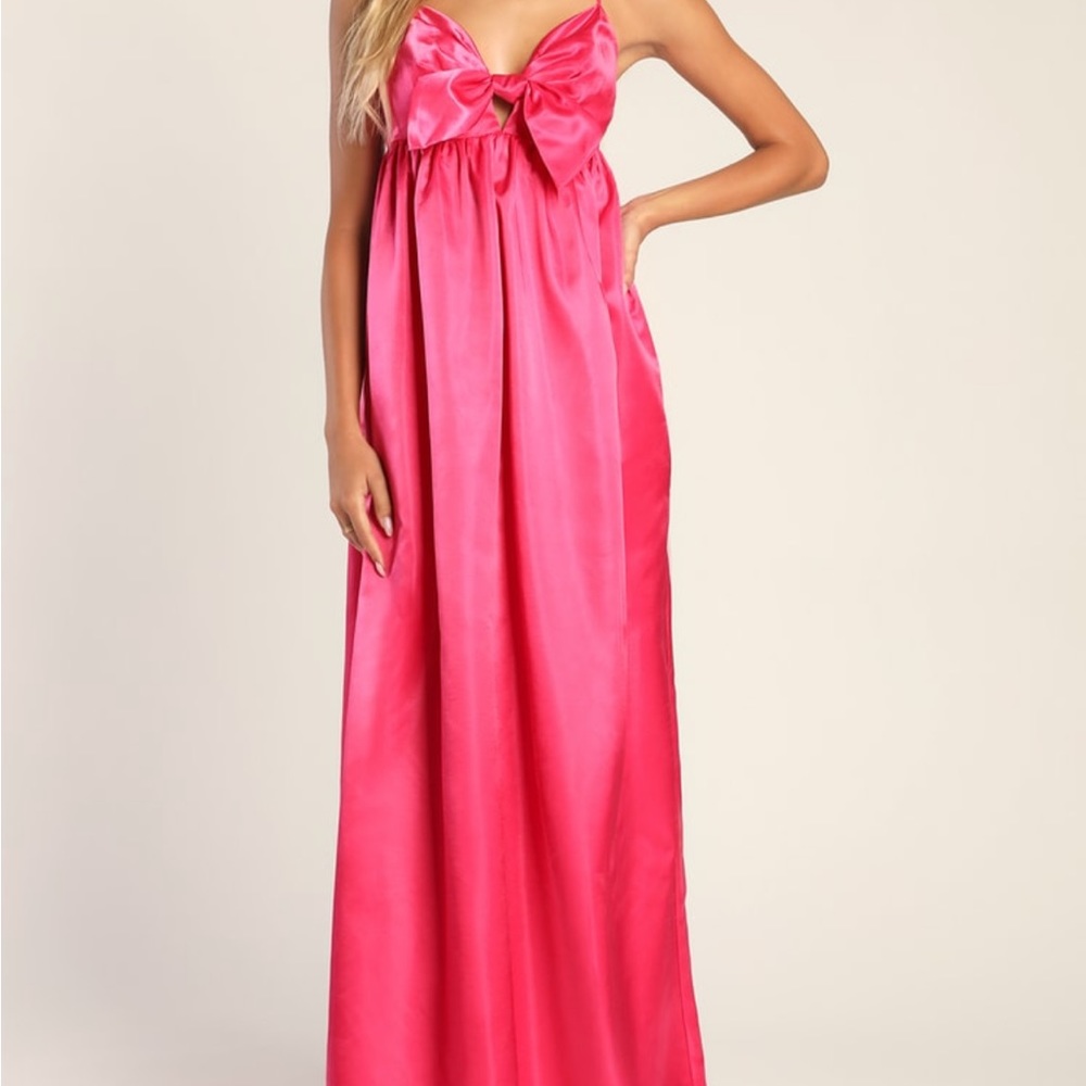 LULU'S Flirting with Fab Pink Satin Babydoll Maxi Dress
